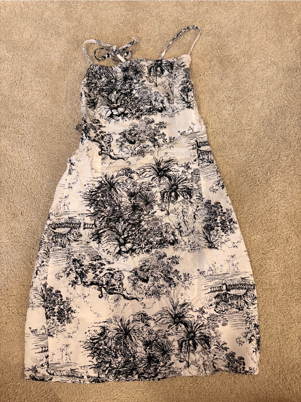 Olivaceous White Mini Dress with Black Toile Print